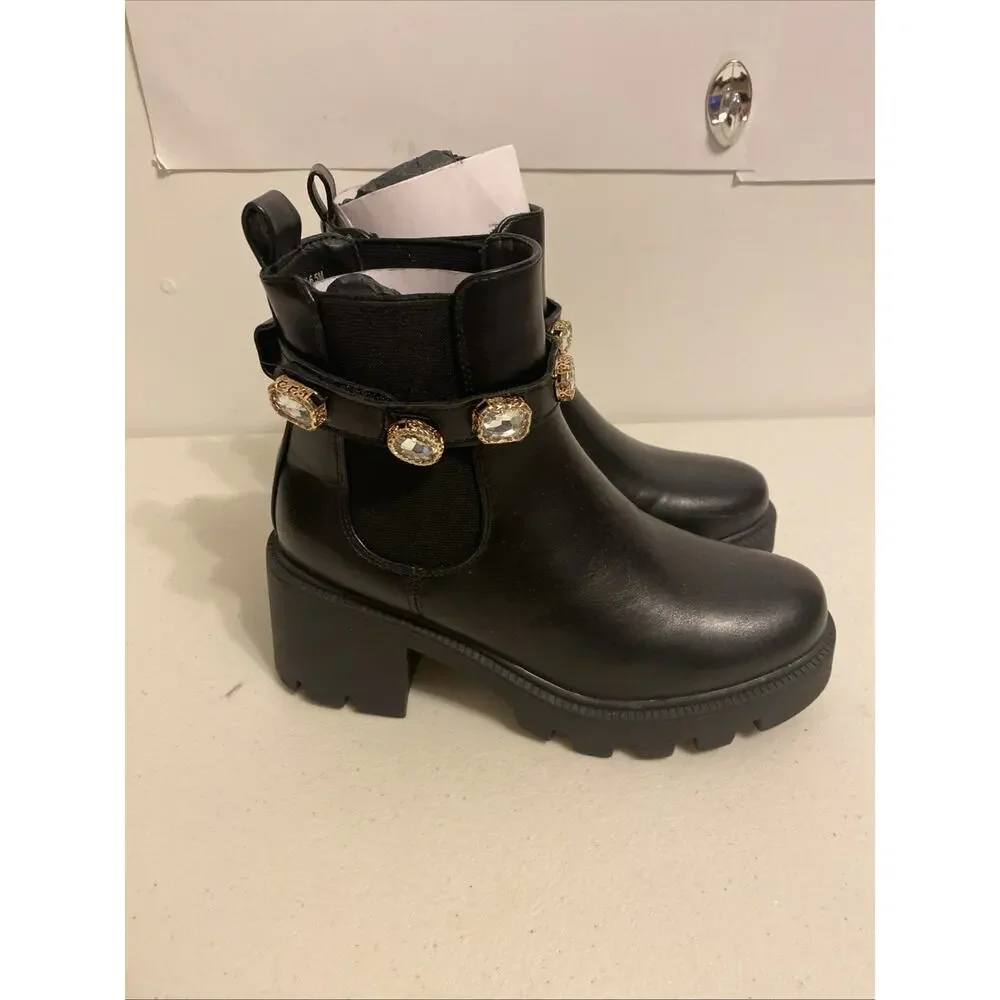 CUSHIONAIRE Julie Women 6.5M Chunky Combat Boots Black Jeweled strap Clubwear